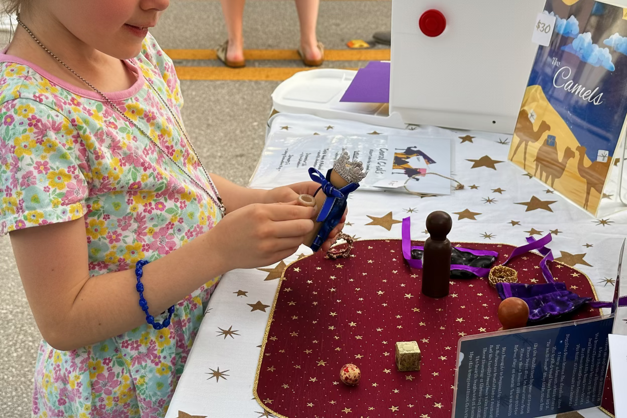 A young girl in a pastel floral dress stands beside a table playing with the Magi & the Mantle product set.